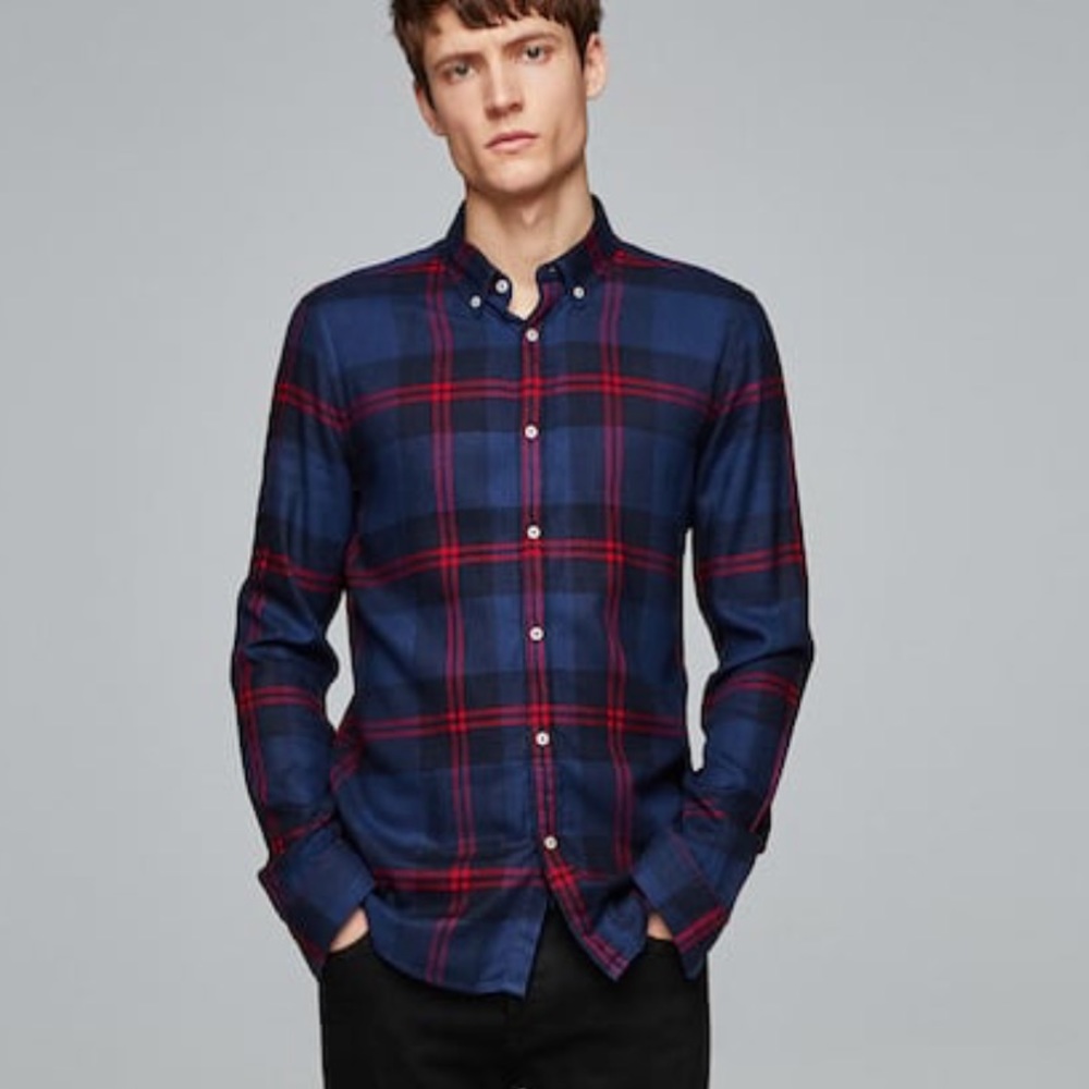 Zara men blue plaid with red stripes size M